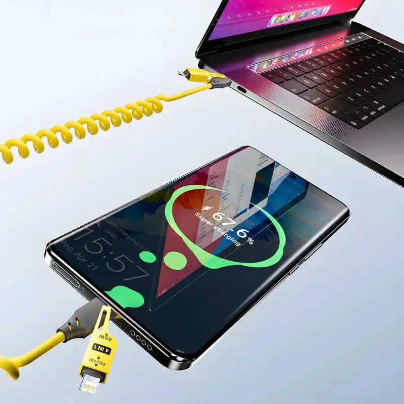 4 in 1 65W Spring Short Data Cable 6A USB Type C Spring Telescopic Quick Charger Wire Spring USB Cable for Iphone 15 14 13 12